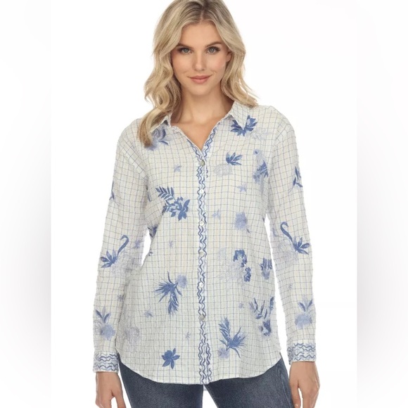 Johnny Was Workshop Marbella Plaid Embroidered Oversized Shirt - Picture 1 of 11